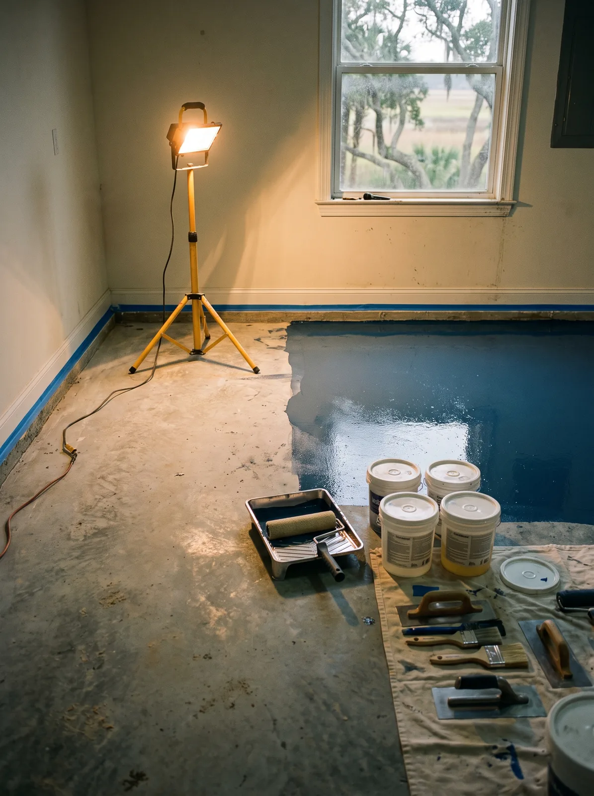 Epoxy floor coating being installed over prepped concrete