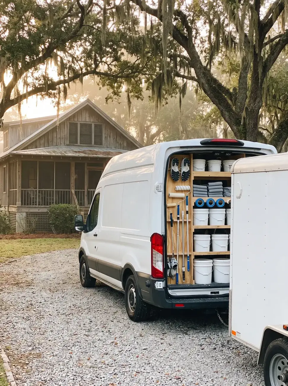Best Resin Epoxy work van and trailer loaded with epoxy supplies at a job site