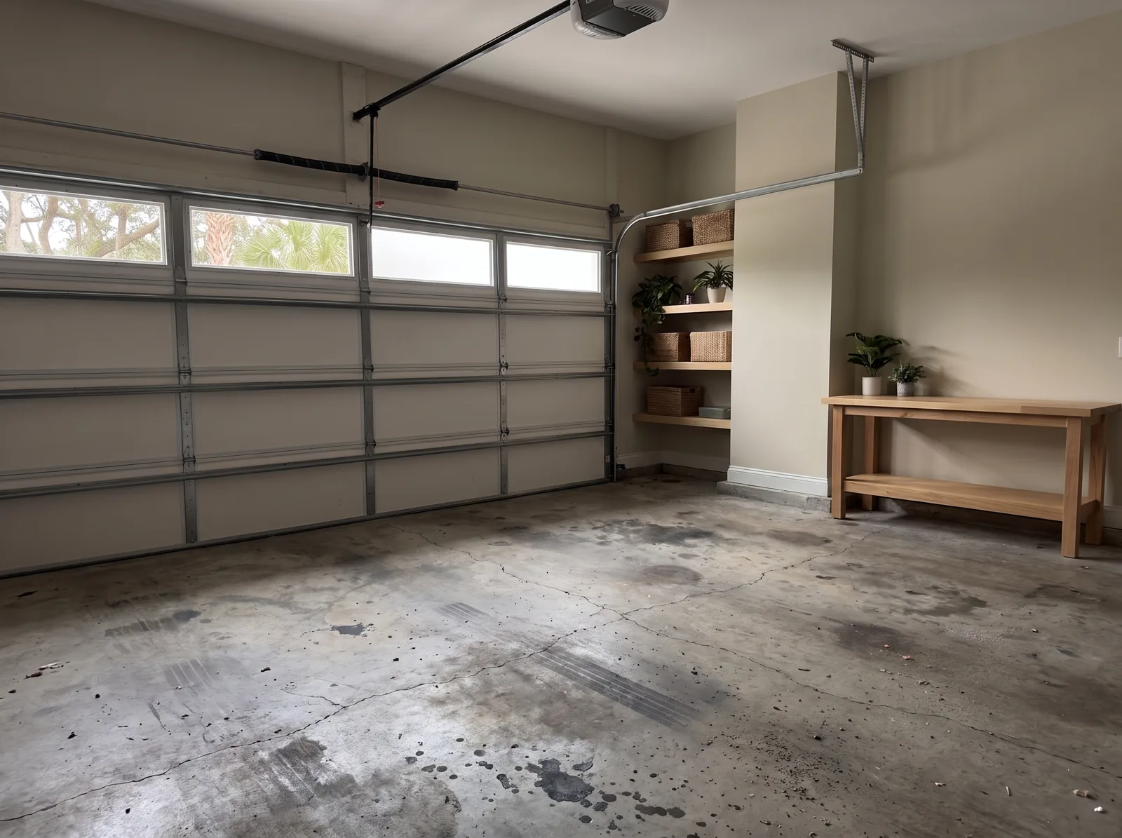 Worn, stained concrete garage floor before epoxy coating in Brunswick, GA