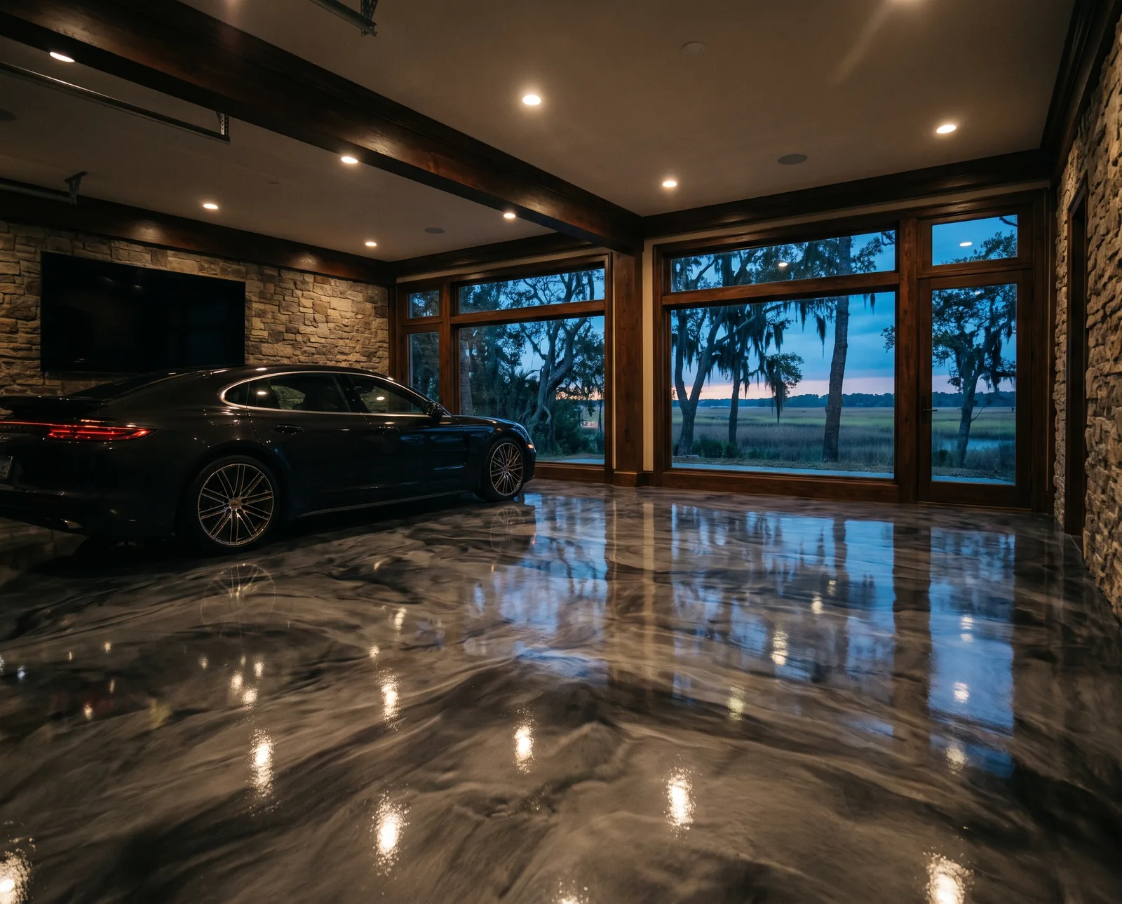 Metallic epoxy garage floor at dusk with coastal marsh view in Savannah, GA